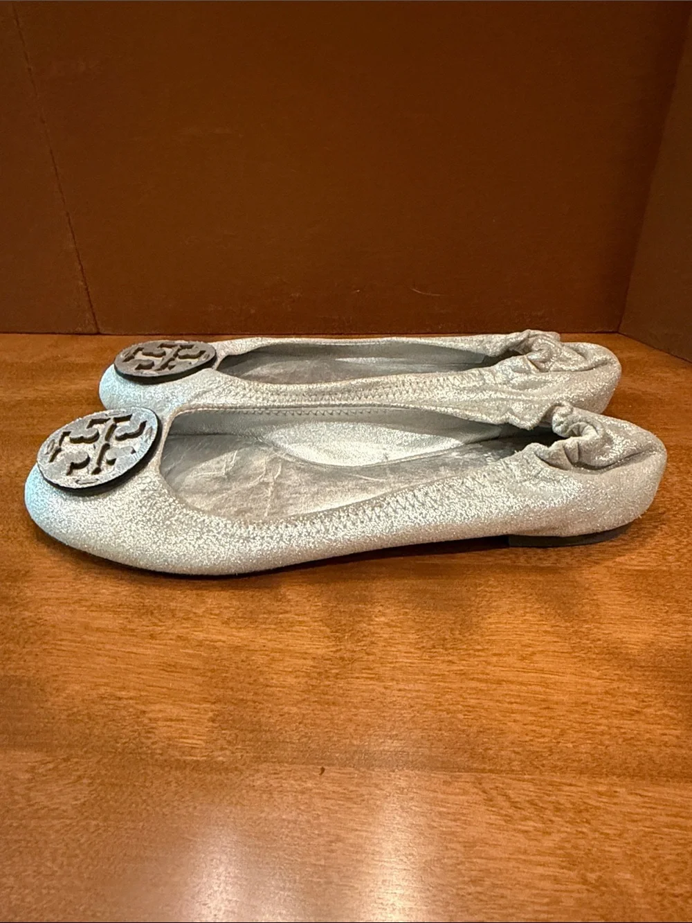 Tory Burch Silver Metallic Glitter Logo Ballet Flats